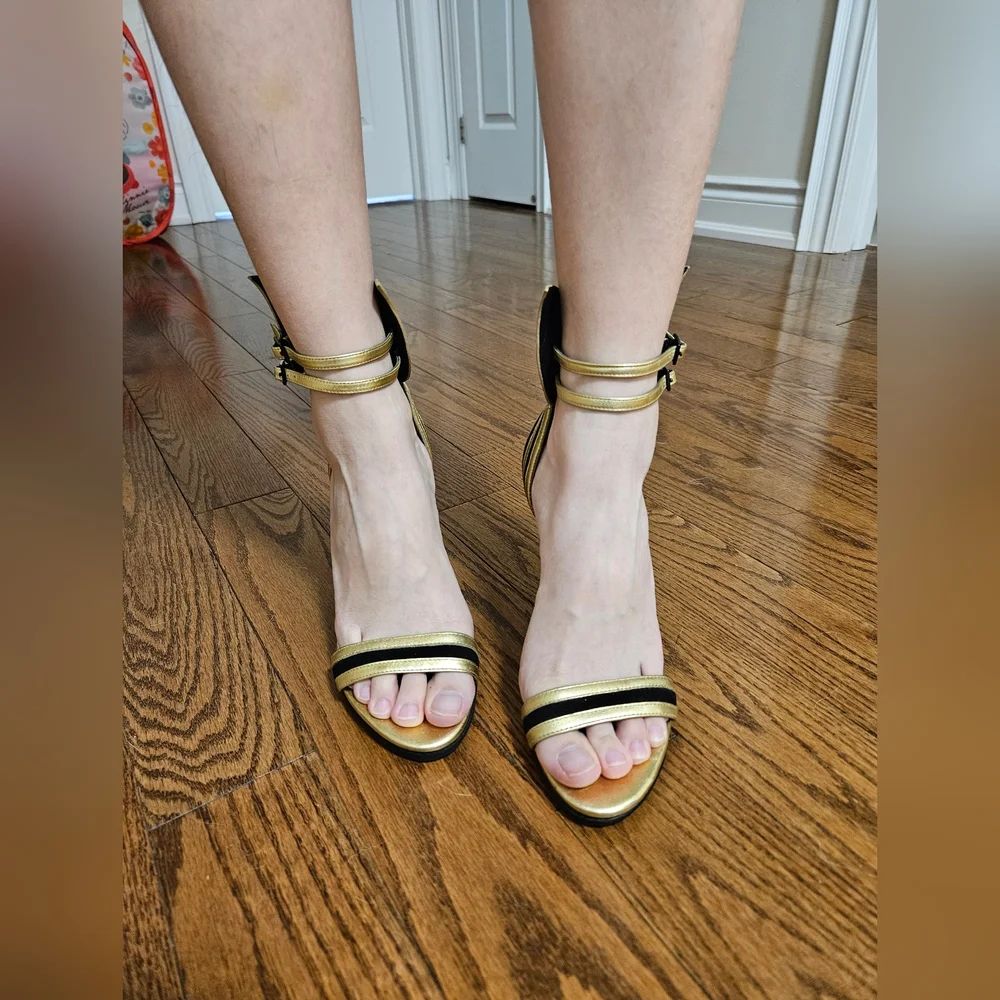 StellaLuna Gold Wings Leather Double Buckle Strap Heel Sandals - Picture 8 of 16